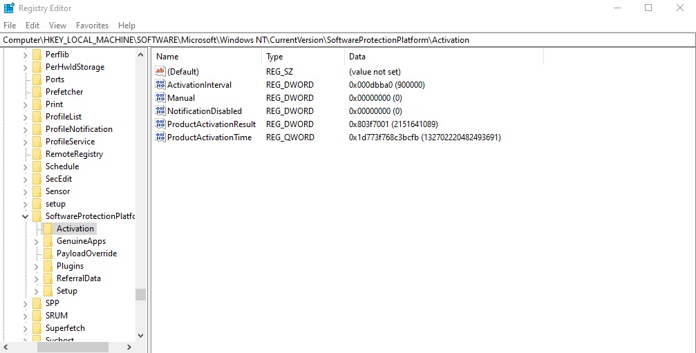Windows 10 not activated default registory editor setting